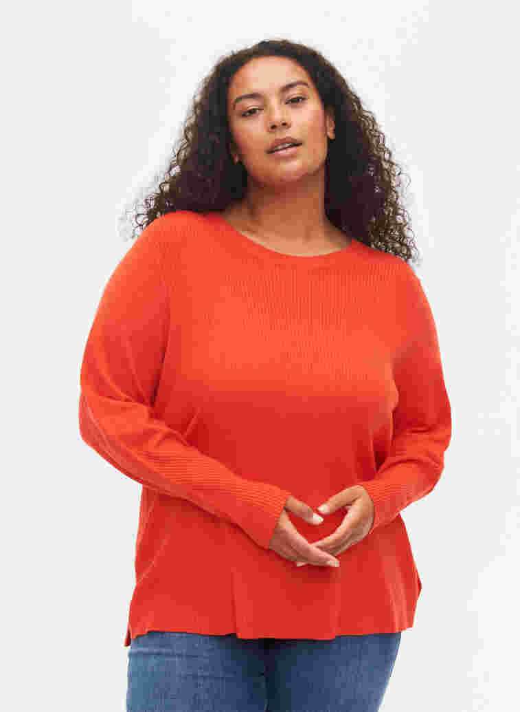 Knitted sweater in rib with slits, Fiery Red Mel., Model