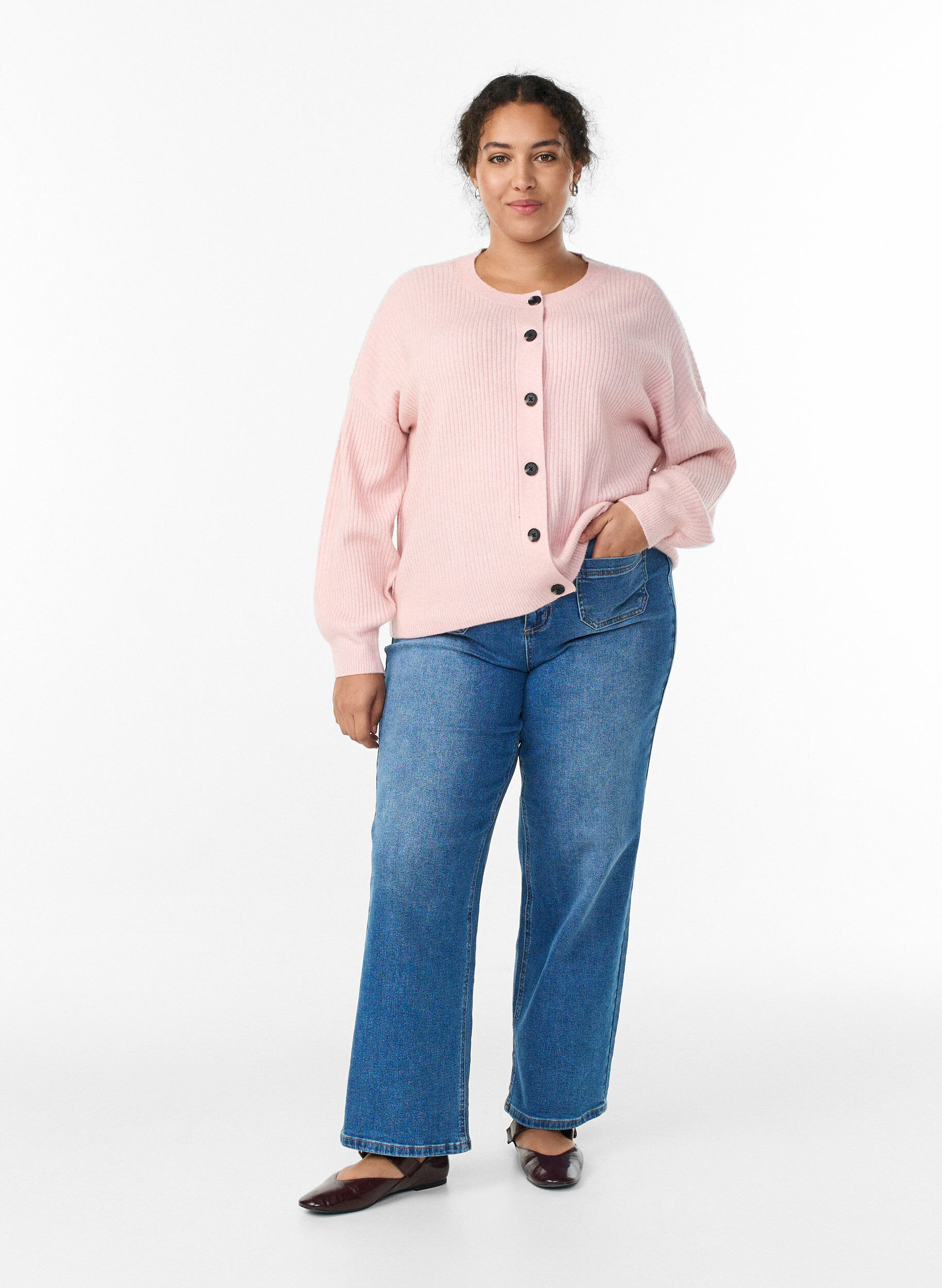 ZizzifashionRibbed cardigan with buttons, Pink, Model image number 1