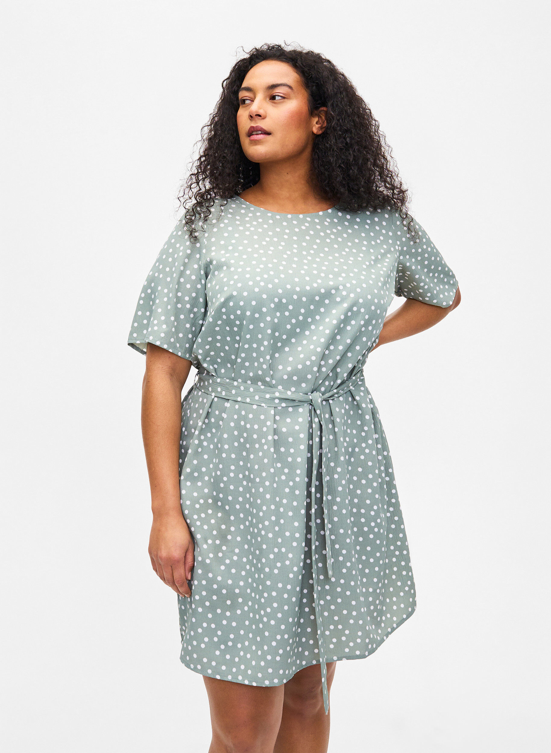 Zizzifashion FLASH - Short sleeve dress with belt, Iceberg Green Dot, Model image number 0
