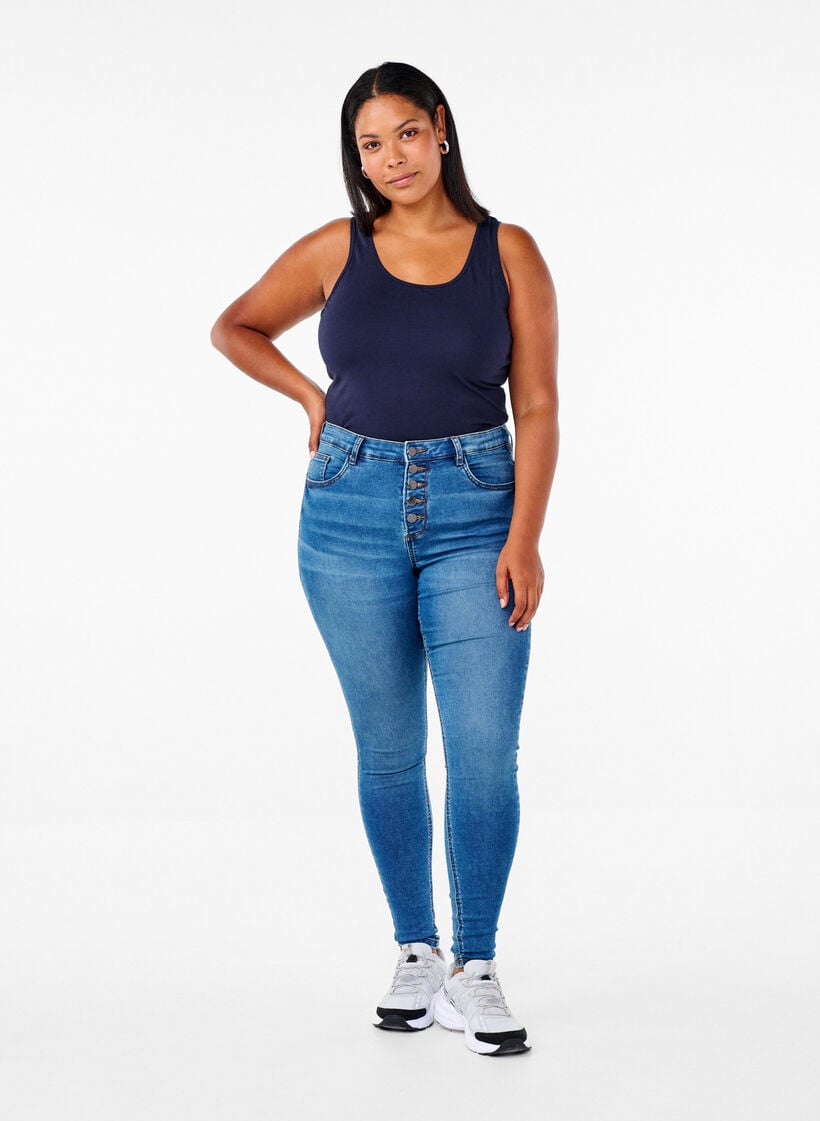 Solid color basic top in cotton, Blue, Model image number 1