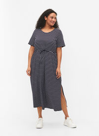Striped midi dress in cotton with short sleeves, Night Sky Stripe, Model