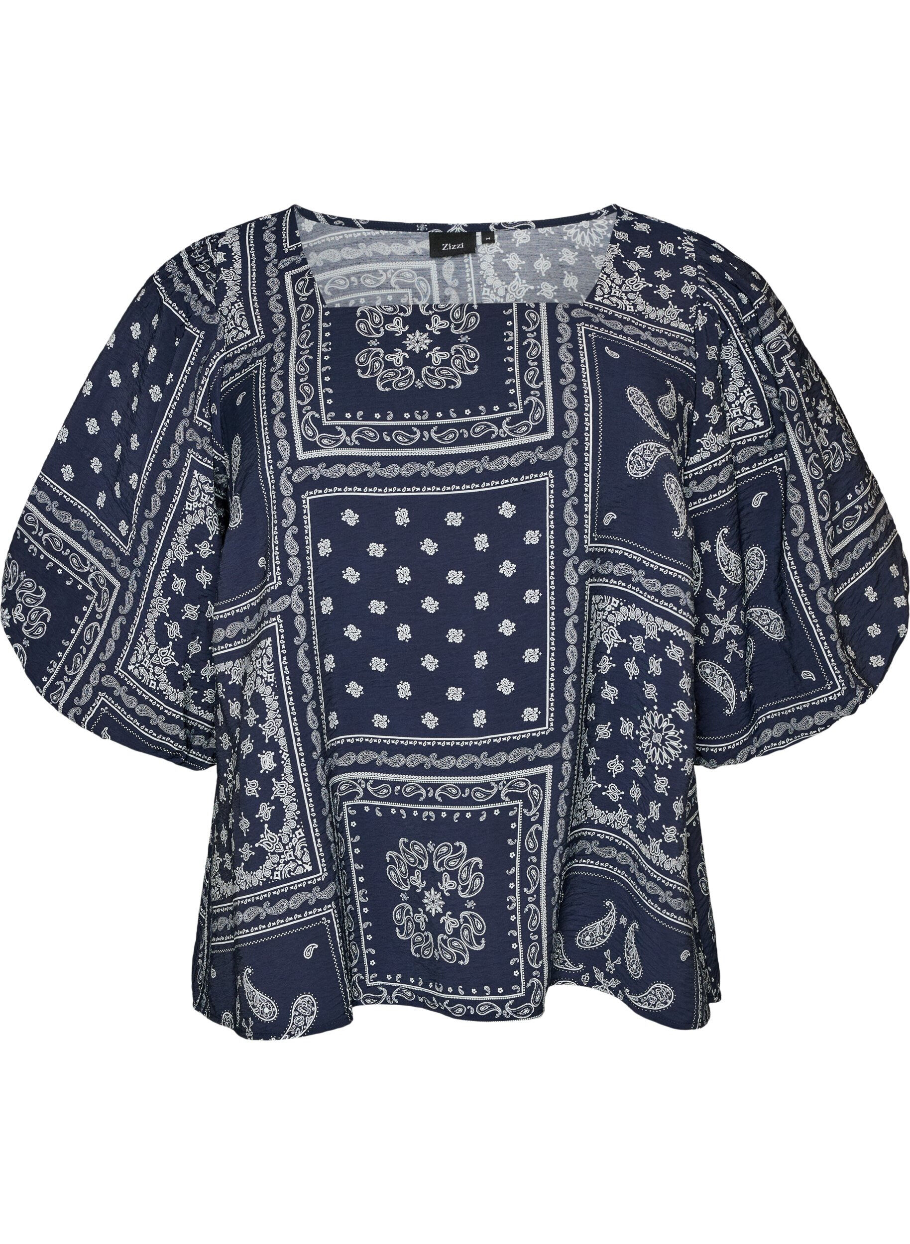 ZizzifashionViscose blouse with paisley print and balloon sleeves, Blue, Packshot image number 0