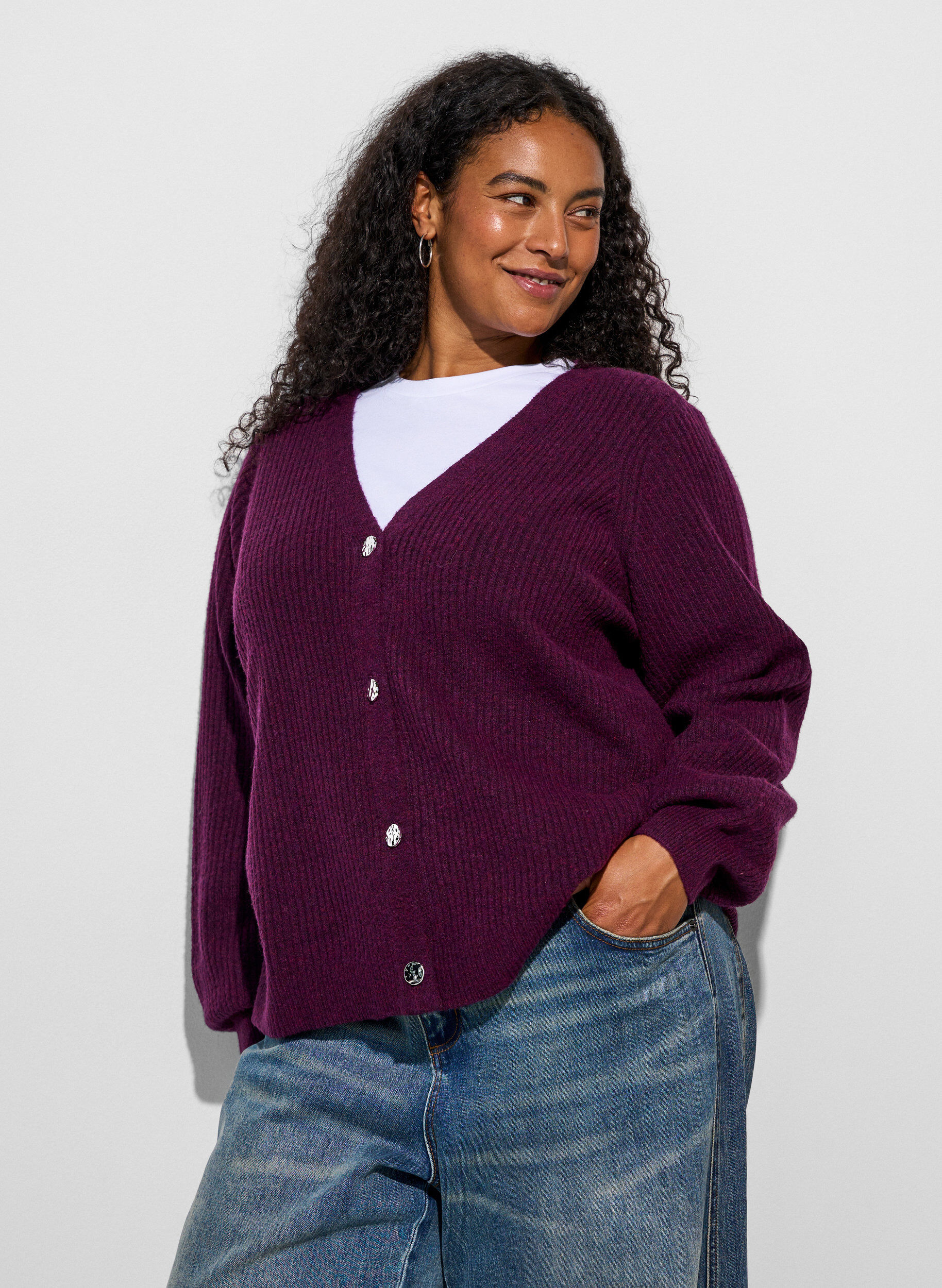 ZizzifashionCardigan with V-neck and ribbed texture, Purple, Model image number 3