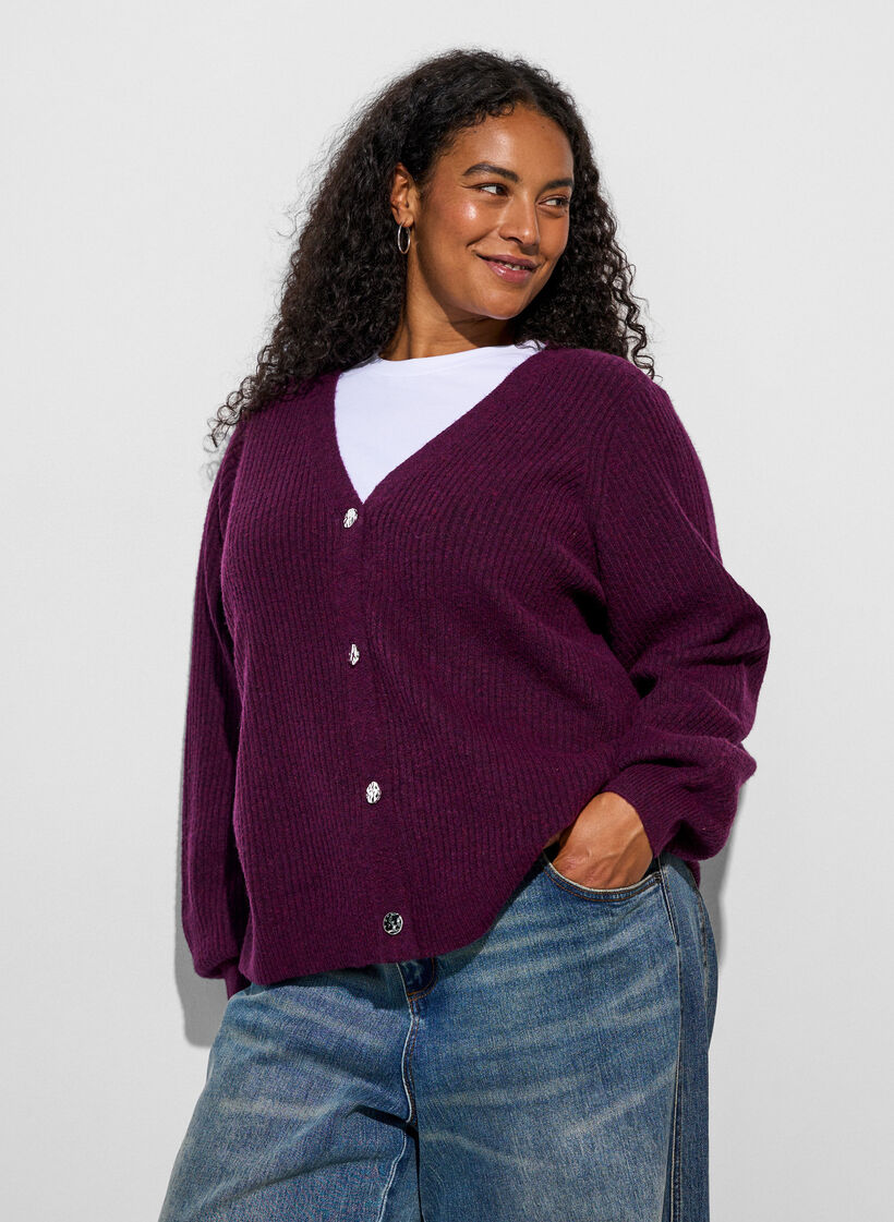 Cardigan with V-neck and ribbed texture, Purple, Model image number 3