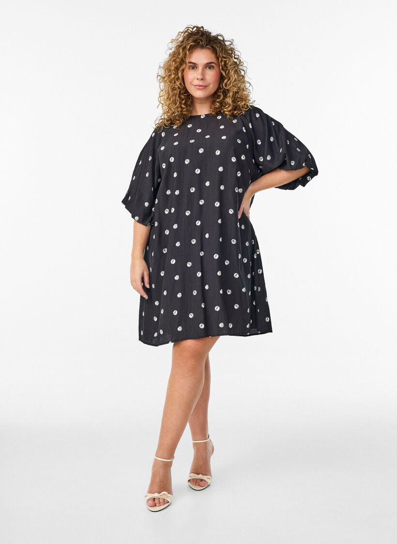 Short viscose dress with balloon sleeves, Black, Model