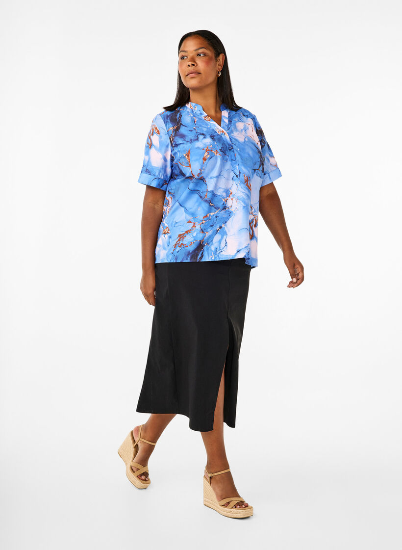 Viscose blouse with marble print and short sleeves, Blue, Model image number 1