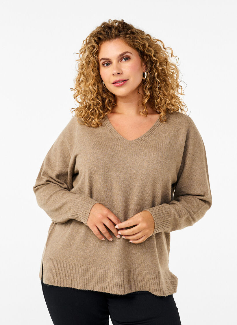 Knitted blouse with V-neck, Desert Taupe Melange, Model image number 0