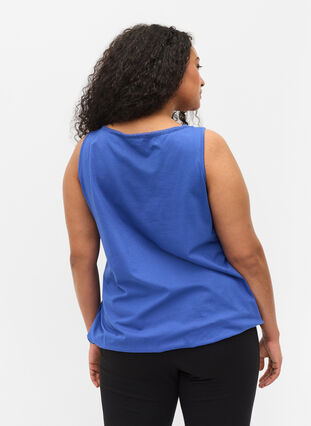 Cotton top with rounded neckline and lace trim, Dazzling Blue, Model image number 1