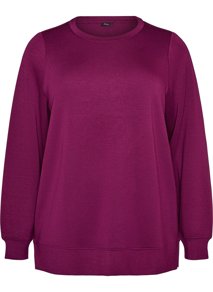 Long-sleeved jersey blouse with a round neck, Purple, Packshot image number 0