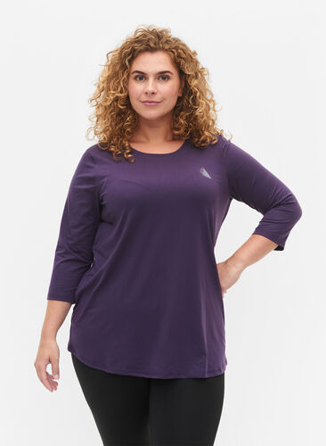 Workout top with 3/4 sleeves, Purple Plumeria, Model image number 0
