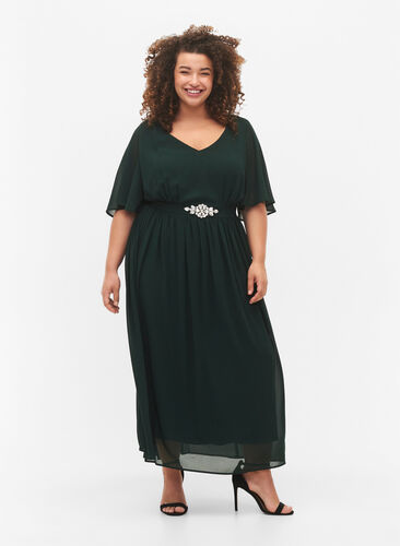Maxi dress with pleats and short sleeves, Scarab, Model image number 0