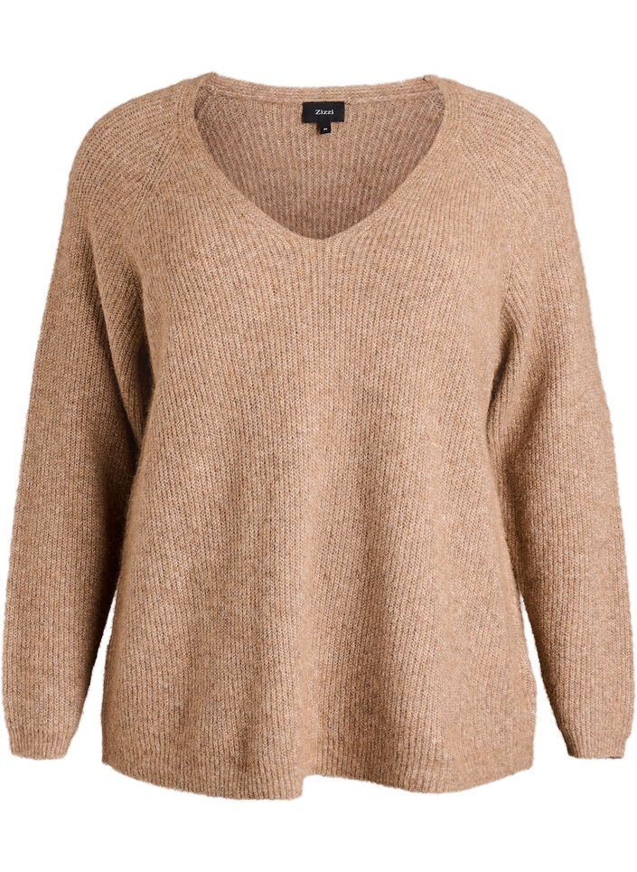 Knitted blouse with V-neck and raglan sleeves, Brown, Packshot image number 0