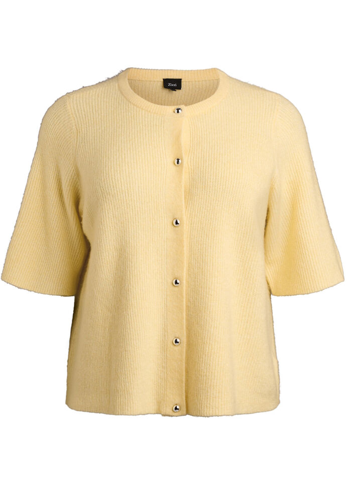 Short-sleeved knit cardigan with shiny ball buttons, Yellow, Packshot image number 0