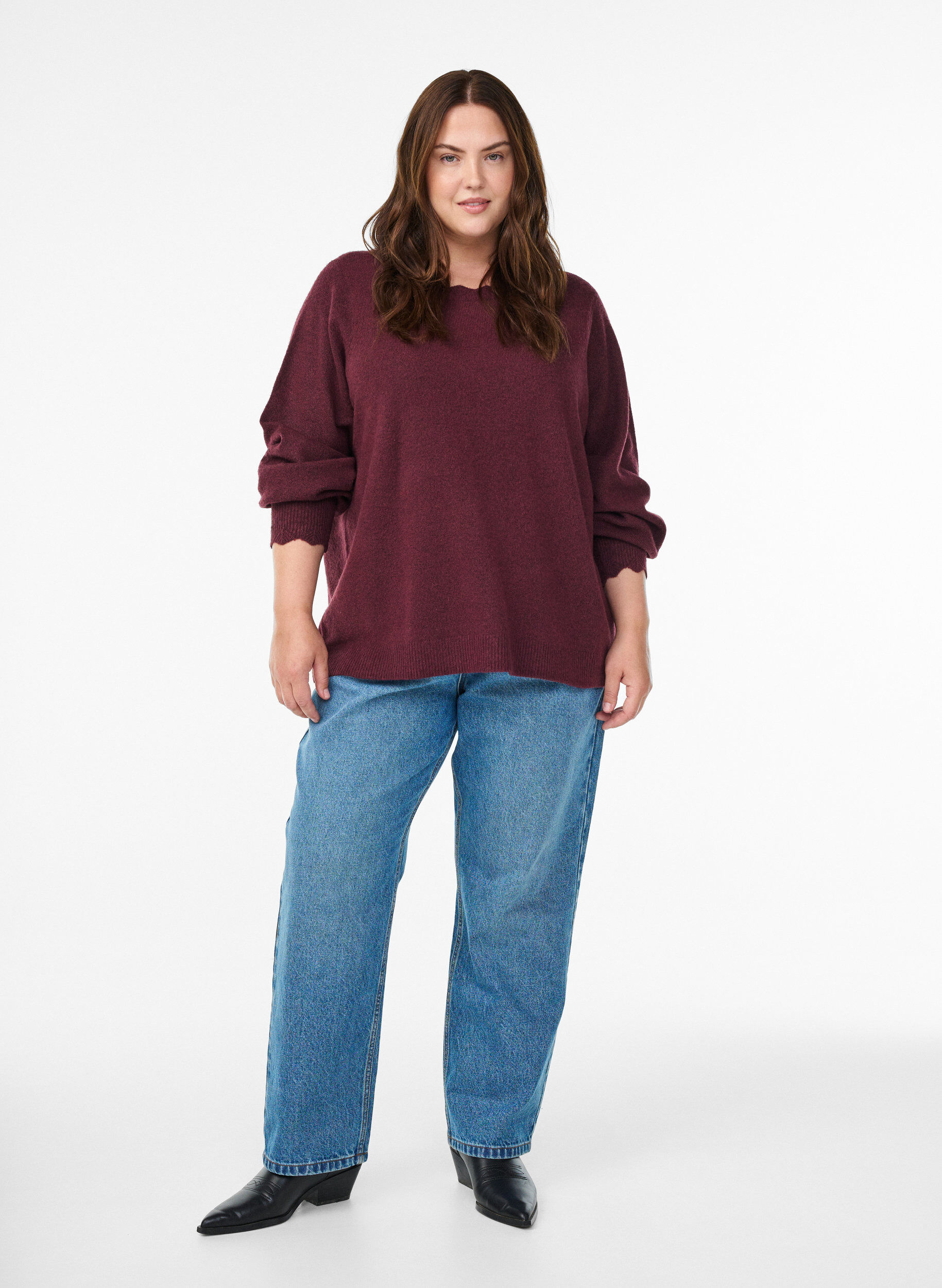 ZizzifashionKnitted blouse with wavy edges, Dark Bordeaux, Model image number 1