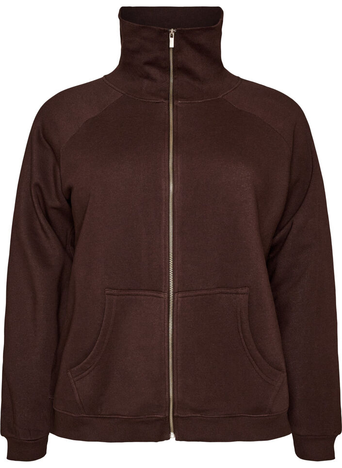 Sweat cardigan with high collar and zip, Brown, Packshot image number 0