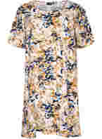 Short-sleeved viscose dress with floral print, Ecru Flower, Packshot