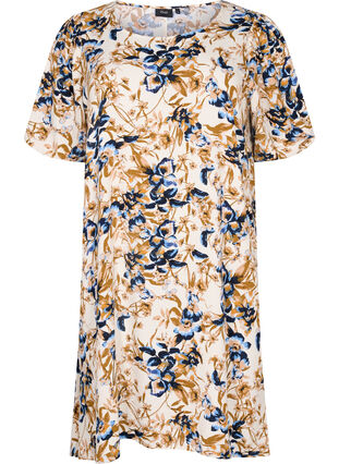 Short-sleeved viscose dress with floral print, Ecru Flower, Packshot image number 0