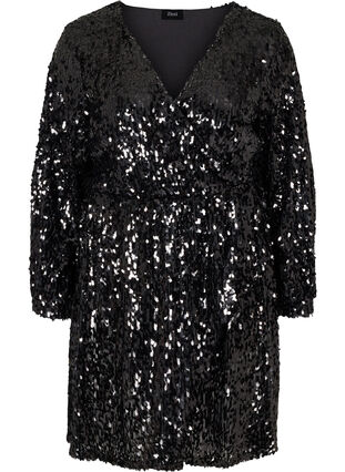 Long-sleeved sequin wrap dress with v-neck, Black, Packshot image number 0