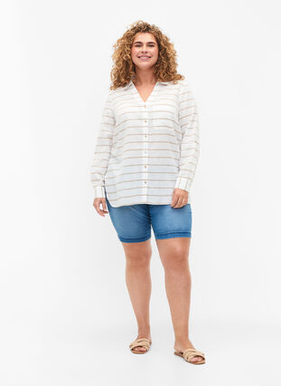 Shirt blouse with button closure in cotton-linen blend, White Taupe Stripe, Model image number 2