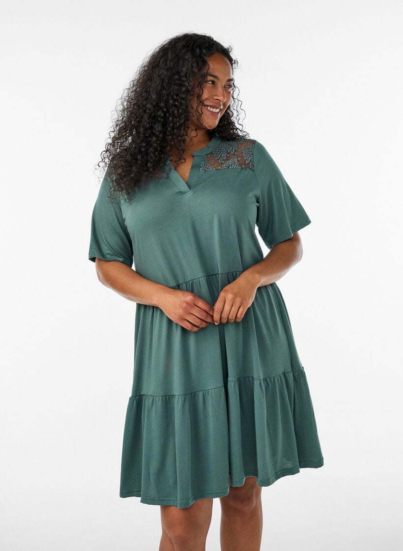 Jersey dress with lace details and a layered skirt, Green, Model image number 0