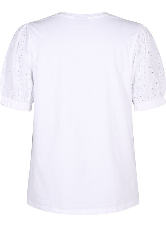 Organic cotton blouse with broderie anglaise sleeves, Bright White, Packshot image number 1