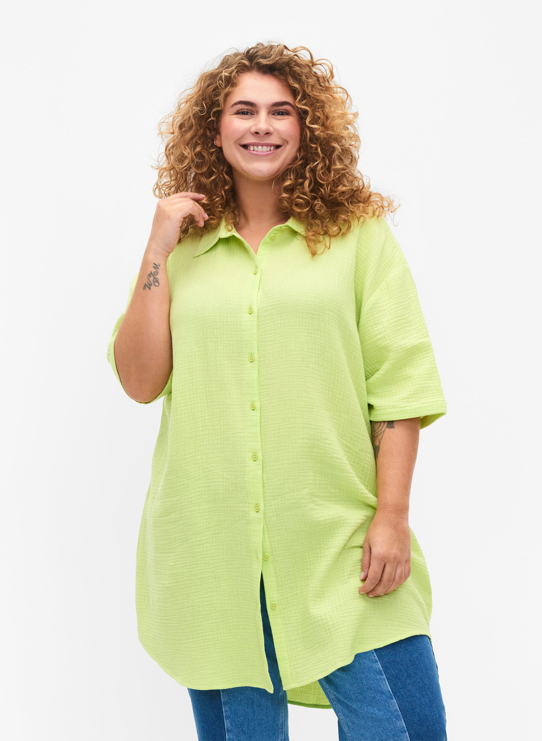 Zizzifashion Shirt in cotton with half-length sleeves, Wild Lime, Model image number 0