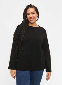Viscose blend pullover with side slit	, Black, Model