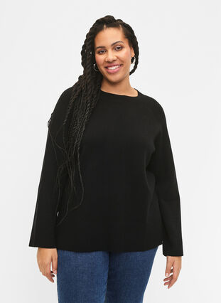 Viscose blend pullover with side slit	, Black, Model image number 0