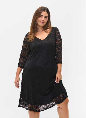 Lace dress with 3/4 sleeves, Black, Model image number 0
