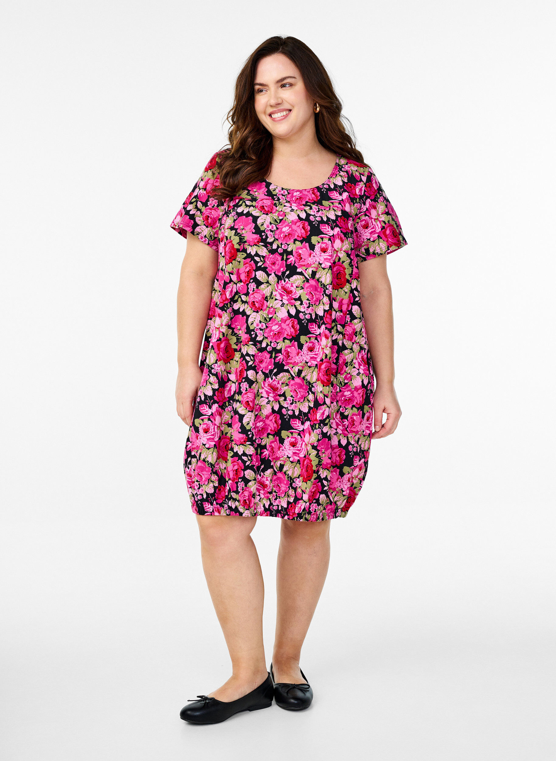 ZizzifashionShort-sleeved cotton dress with print, Black, Model image number 1
