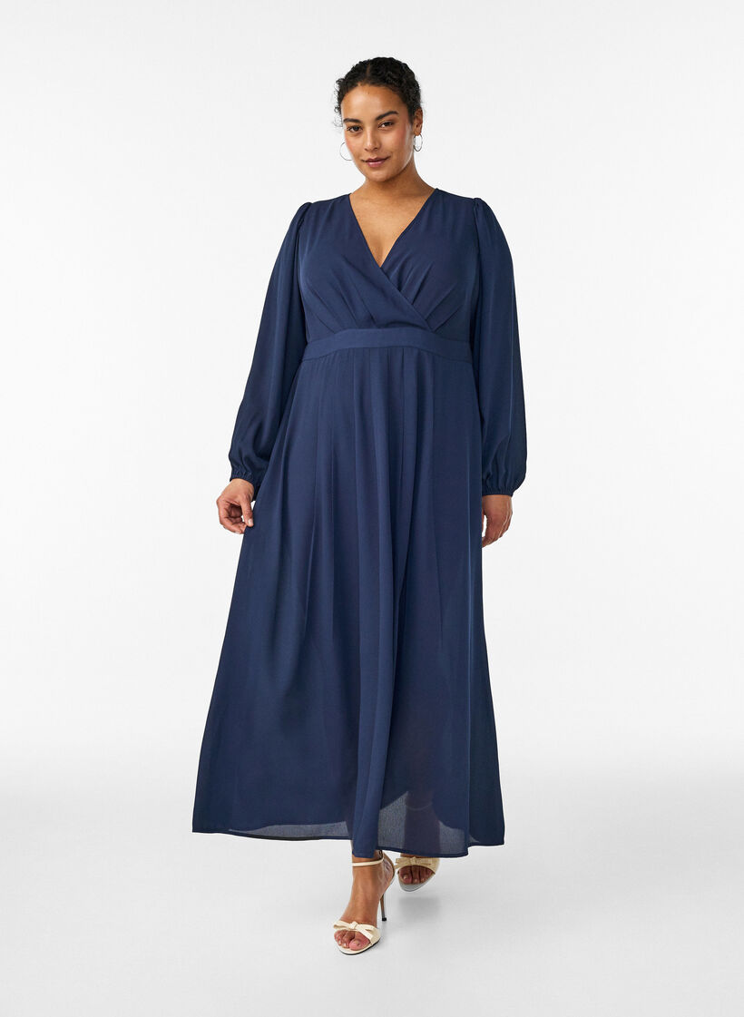 Maxi dress with a wrap-over neckline and long sleeves, Blue, Model image number 0