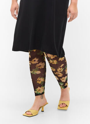 Mesh leggings with floral print, Yellow Green AOP, Model image number 2