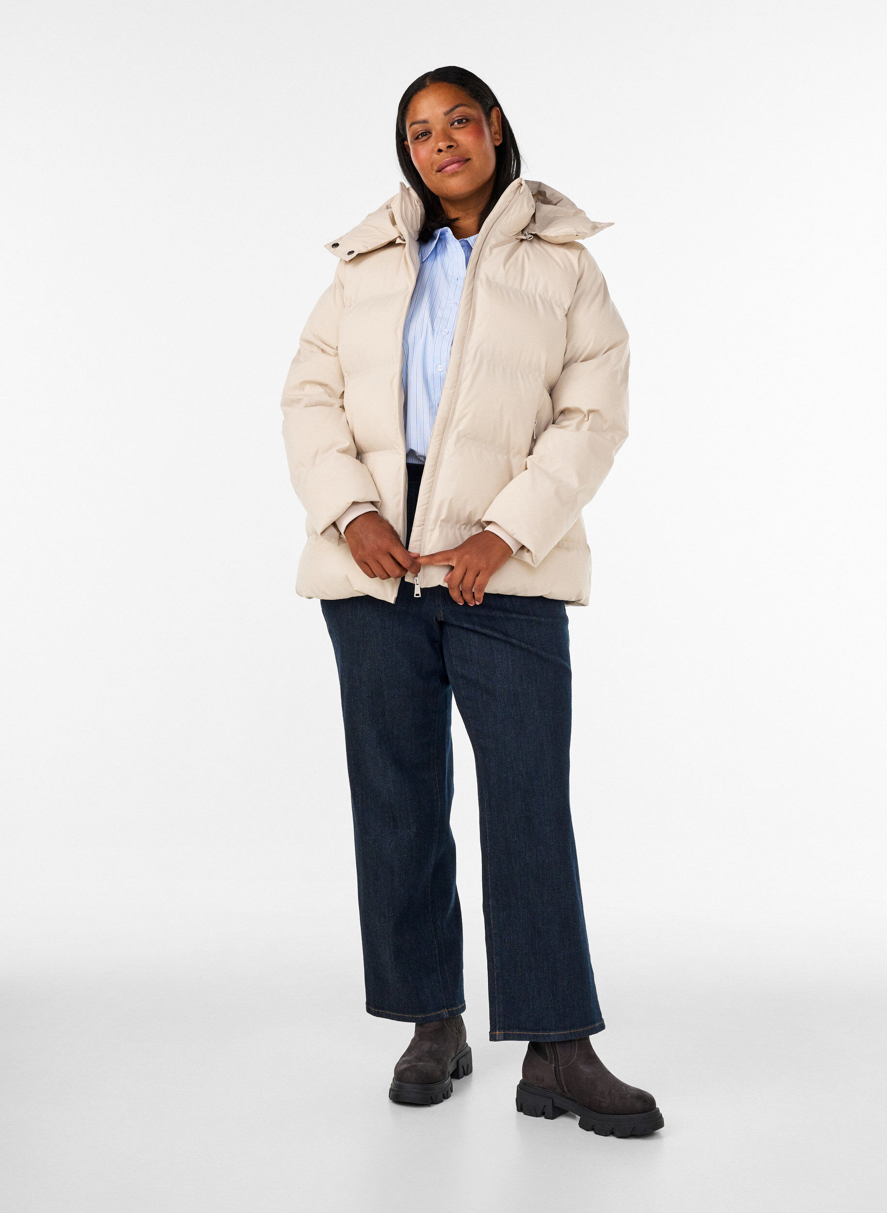 ZizzifashionShort puffer jacket with detachable hood, Vanilla, Model image number 1