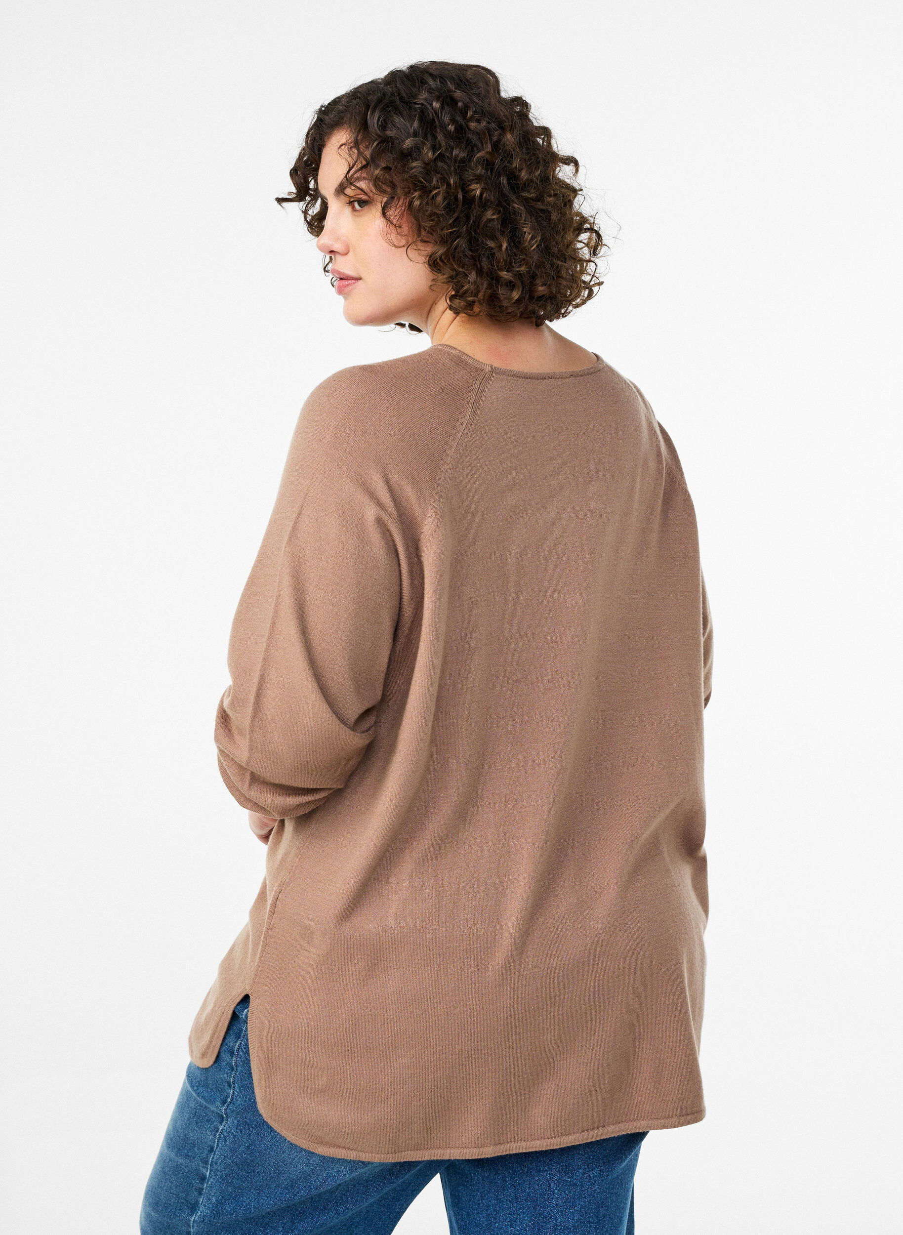 Zizzifashion Knit blouse with round neck and knitted pattern, Brown, Model image number 2