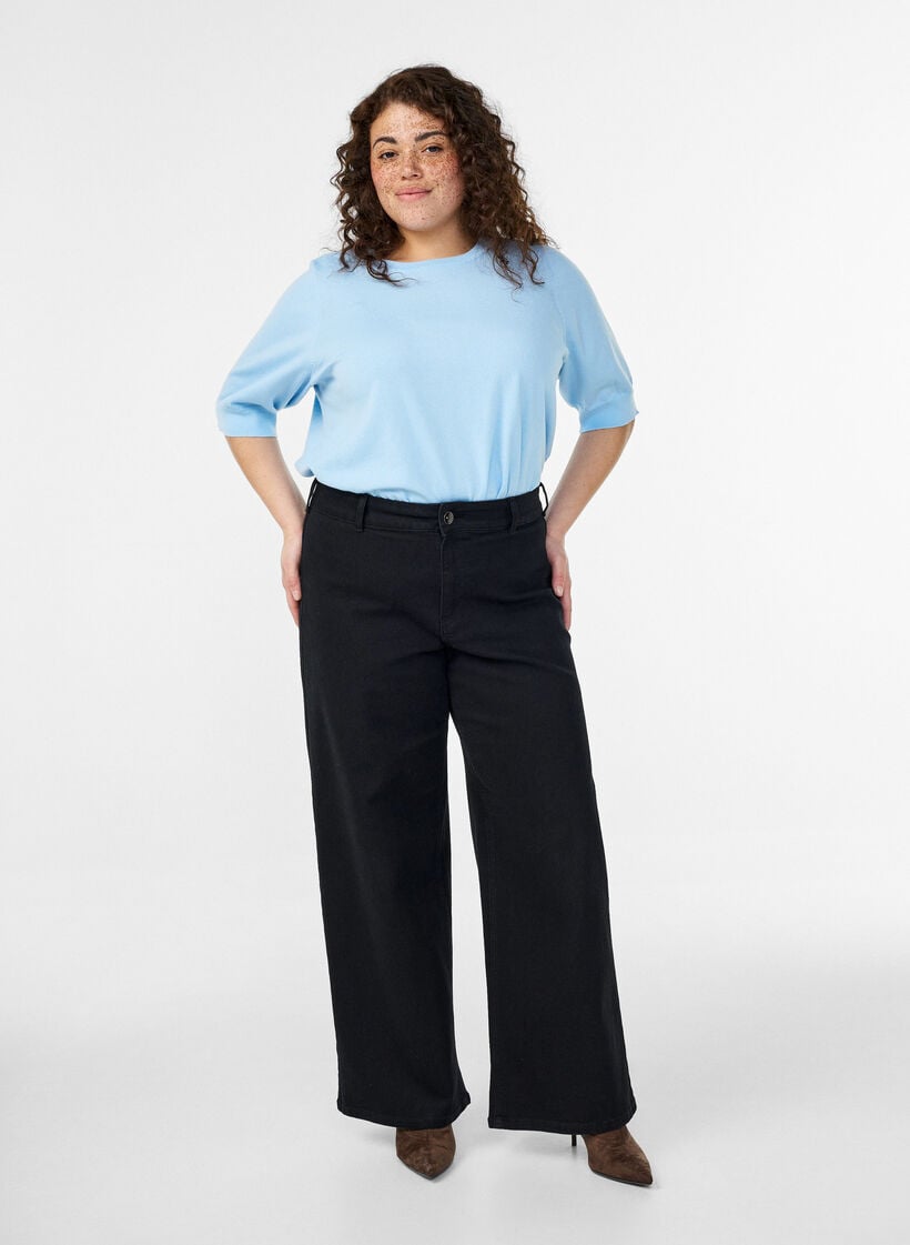 Fine-knit blouse with short sleeves, Light Blue, Model image number 1