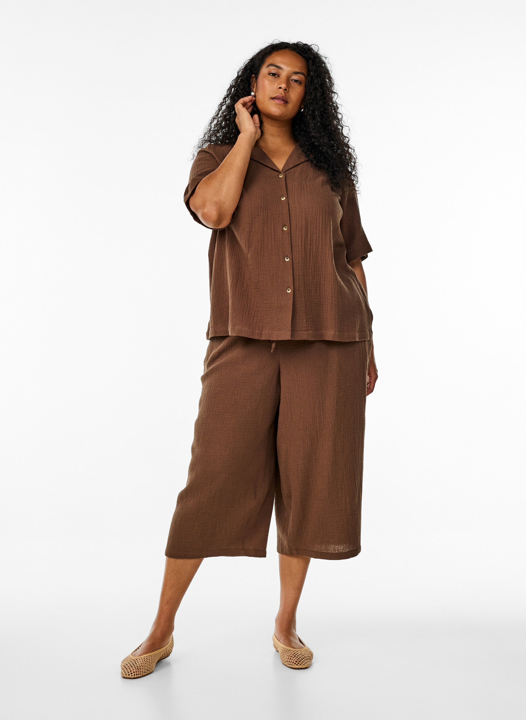 Zizzifashion Culotte trousers in cotton muslin with high waist, Brown, Model image number 0