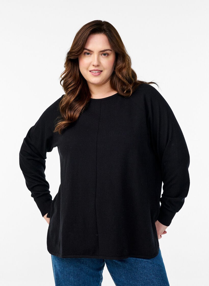 Knitted blouse with round neck and knitted pattern, Black, Model image number 0