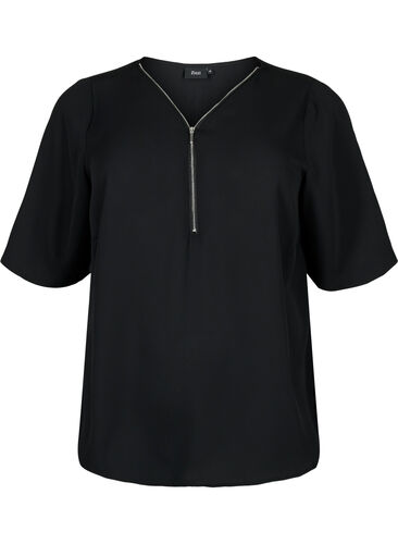 V-neck blouse with zipper, Black, Packshot image number 0