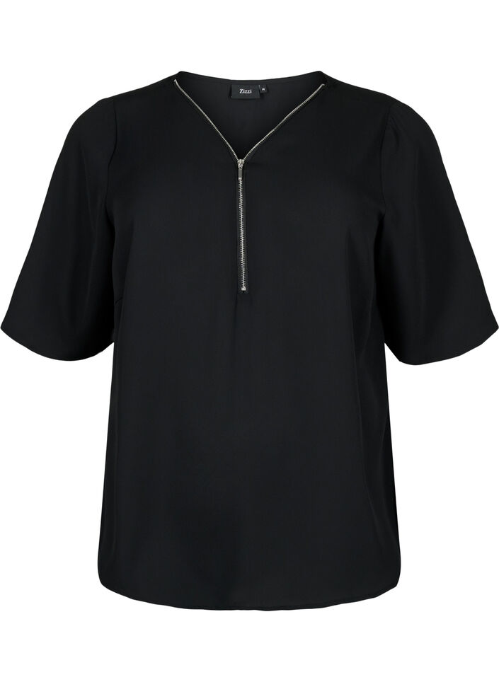 V-neck blouse with zipper - Black - Sz. 42-60 - Zizzifashion