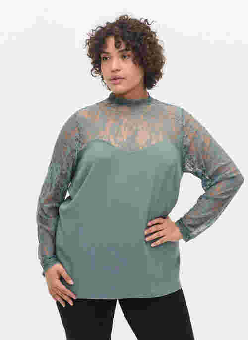 Long-sleeved viscose blouse with lace