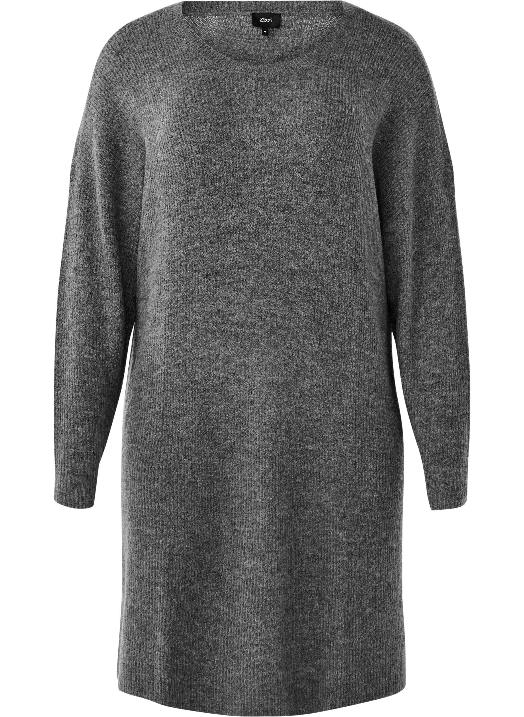 Zizzifashion Long sleeved rib knit dress, Dark Grey Black Mel., Packshot image number 0