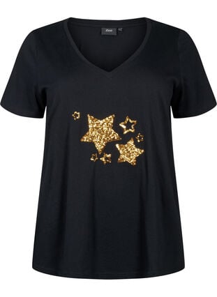 Cotton t-shirt with sequins, Black W. Star, Packshot image number 0