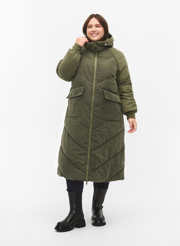 Long colorblock winter jacket with hood, Forest Night Comb, Model image number 3