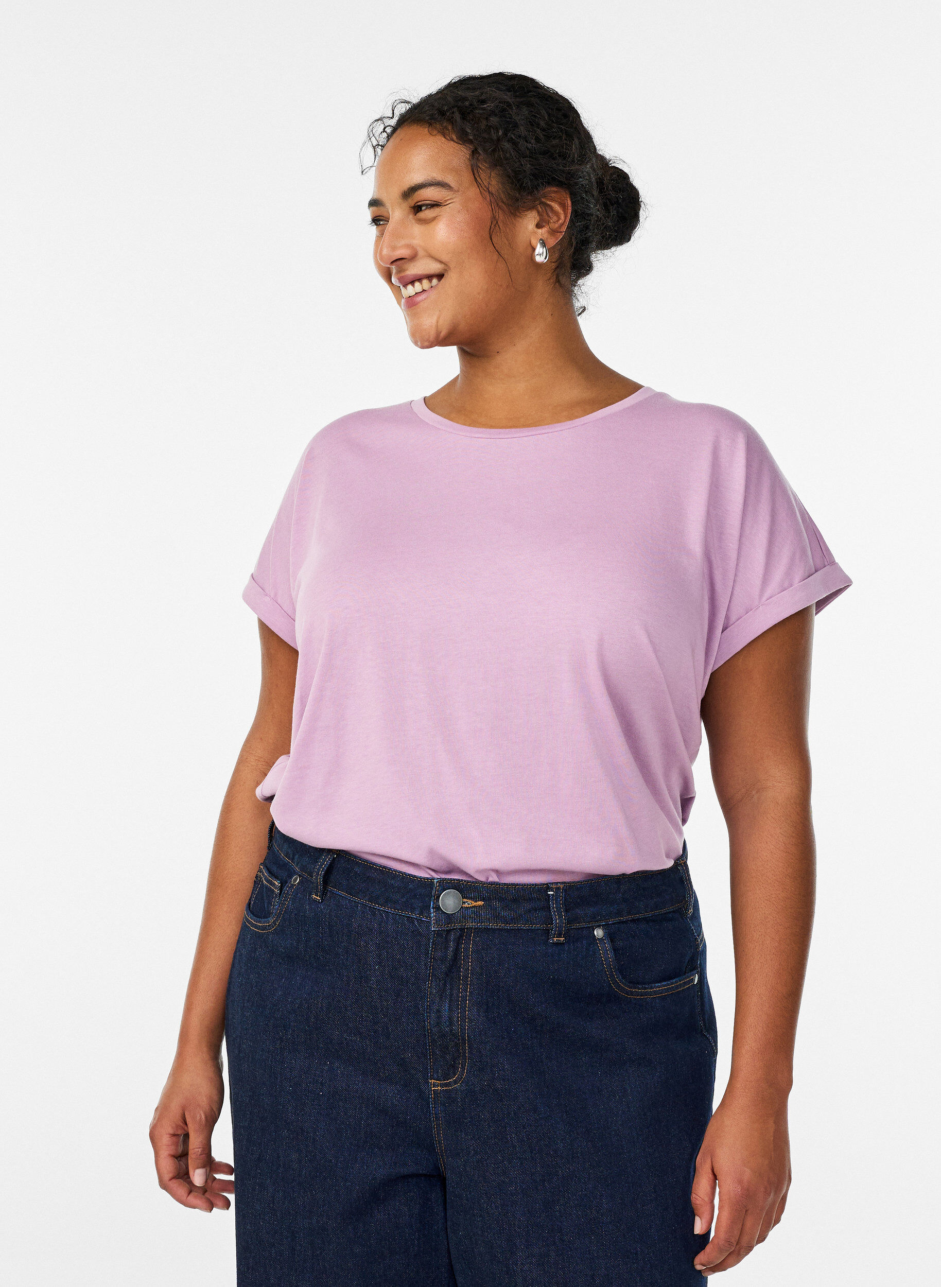 Short sleeved cotton blend t-shirt, Purple, Model