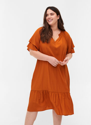 Short-sleeved dress with A-line cut and pockets, Autumnal, Model image number 0