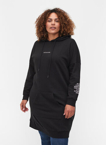 Cotton hoodie sweatshirt dress with text print, Black, Model image number 0