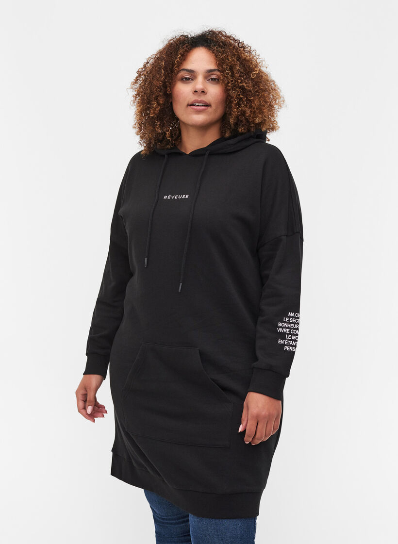 Cotton hoodie sweatshirt dress with text print - Black - Sz. 42-60 -  Zizzifashion