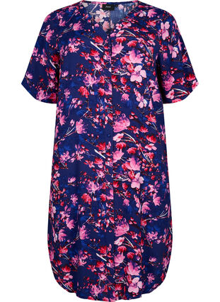 Viscose midi dress with floral print, B. Blue Pink Flower, Packshot image number 0