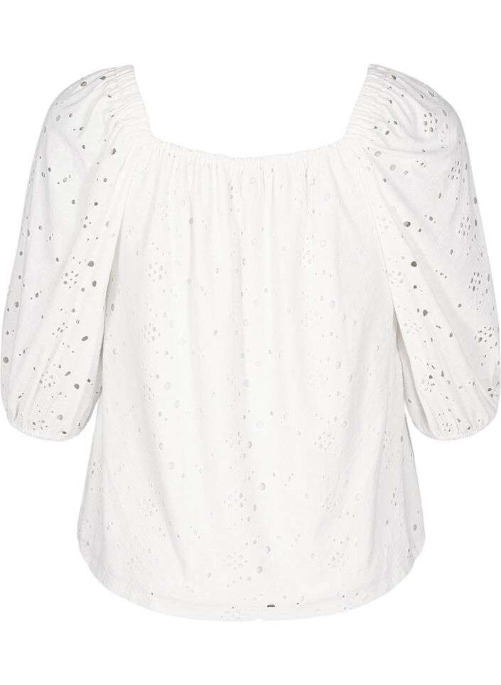 Blouse with short puff sleeves and an openwork pattern, White, Packshot image number 1