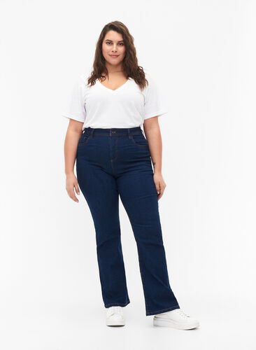 FLASH - High waisted jeans with bootcut, Blue denim, Model image number 0